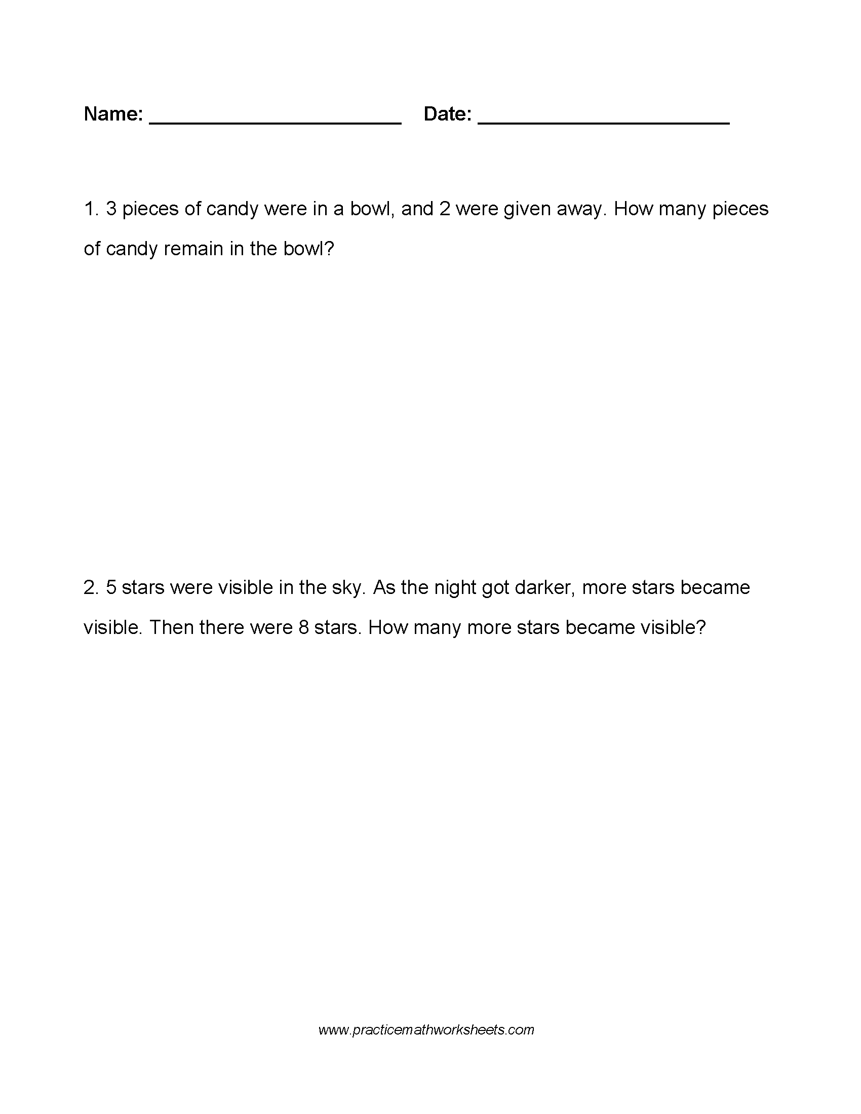 Custom word problem worksheet (4 pages) with 10 whole number addition & subtraction problems within 10