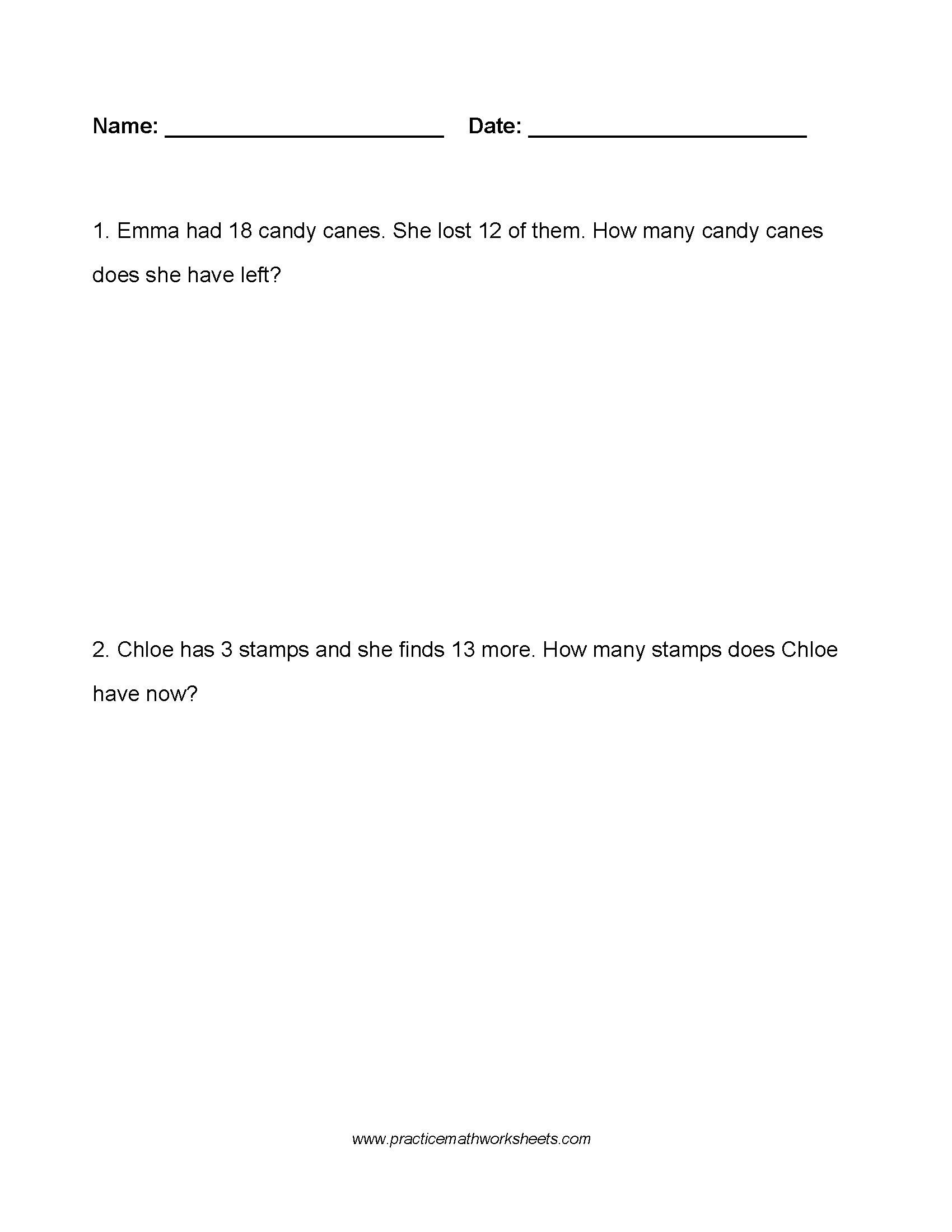 Custom word problem worksheet (4 pages) with 10 whole number addition & subtraction problems within 20