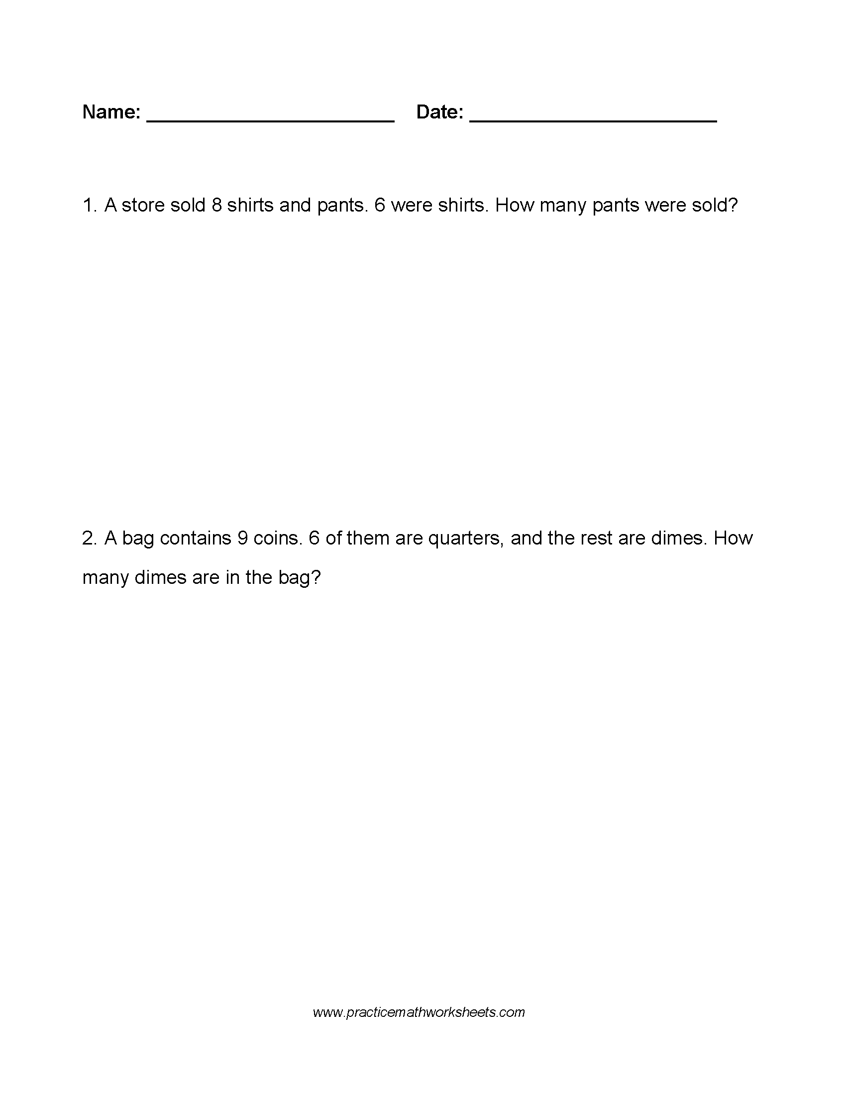 Custom word problem worksheet (4 pages) with 10 whole number subtraction (part unknown) problems within 10