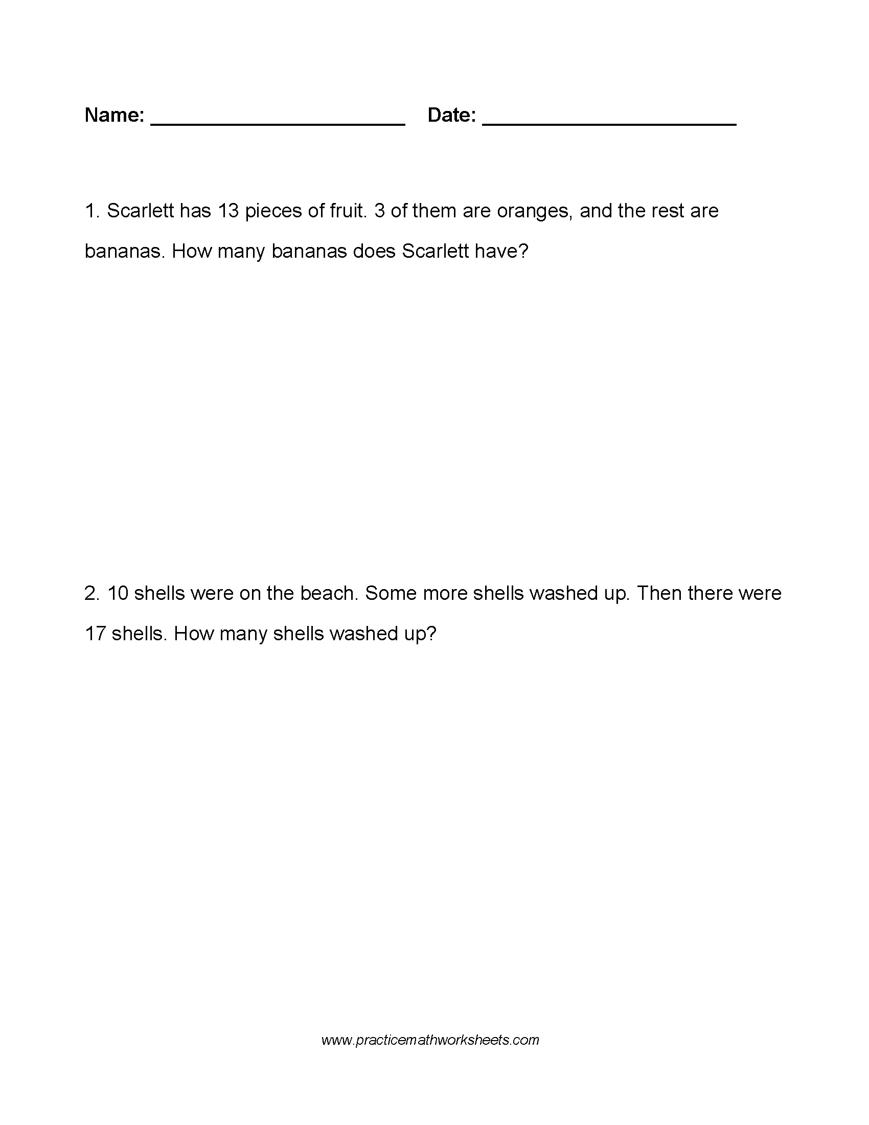Custom word problem worksheet (4 pages) with 10 whole number subtraction (part unknown) problems within 20