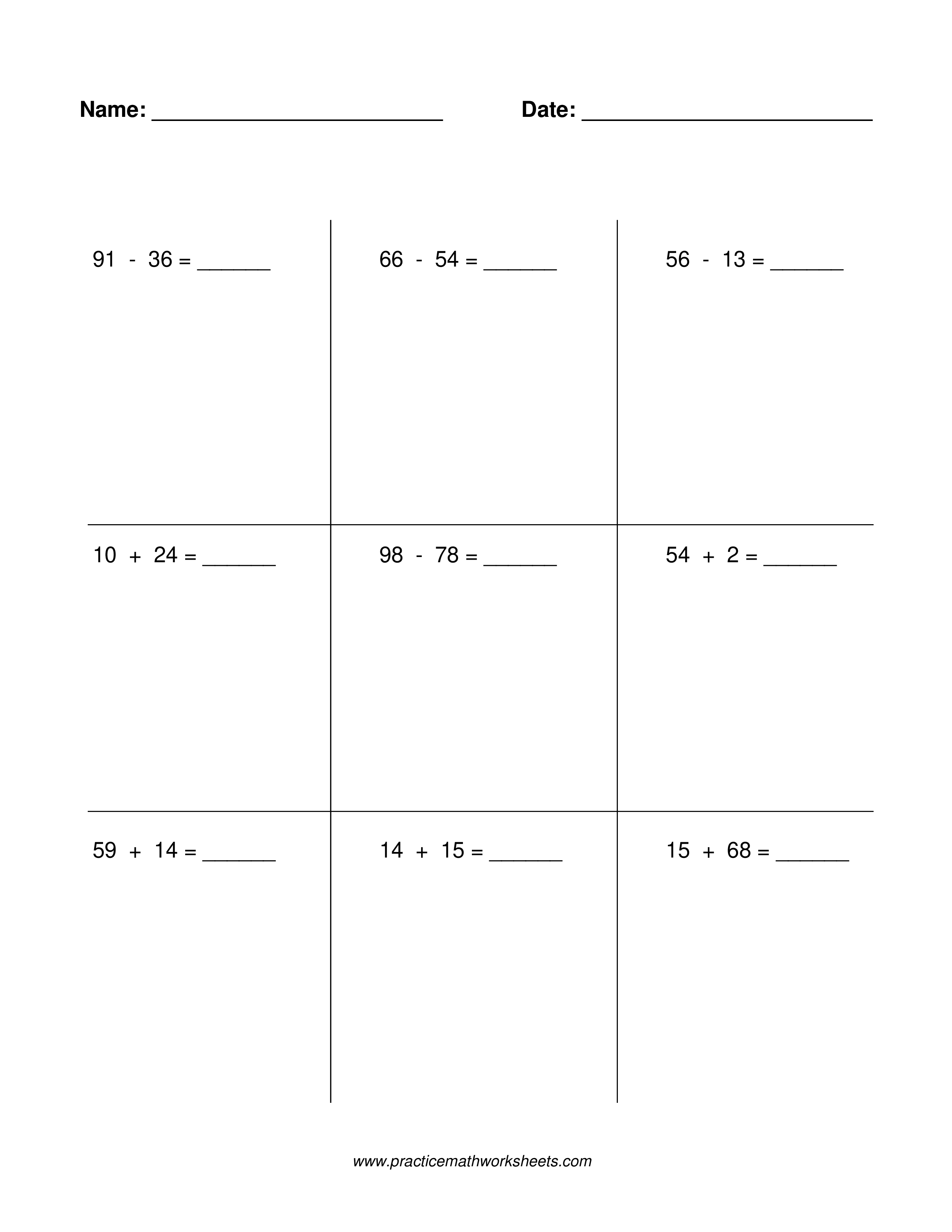 Worksheet with 9 whole number addition & subtraction problems within 100, with regrouping