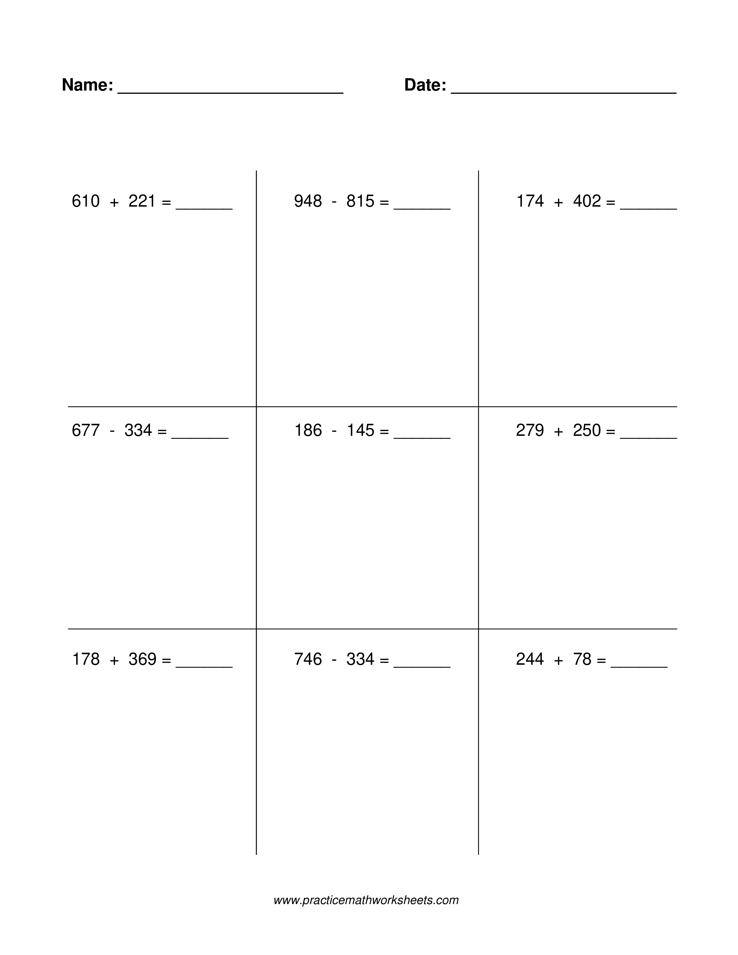 Worksheet with 9 whole number addition & subtraction problems within 1000, with regrouping