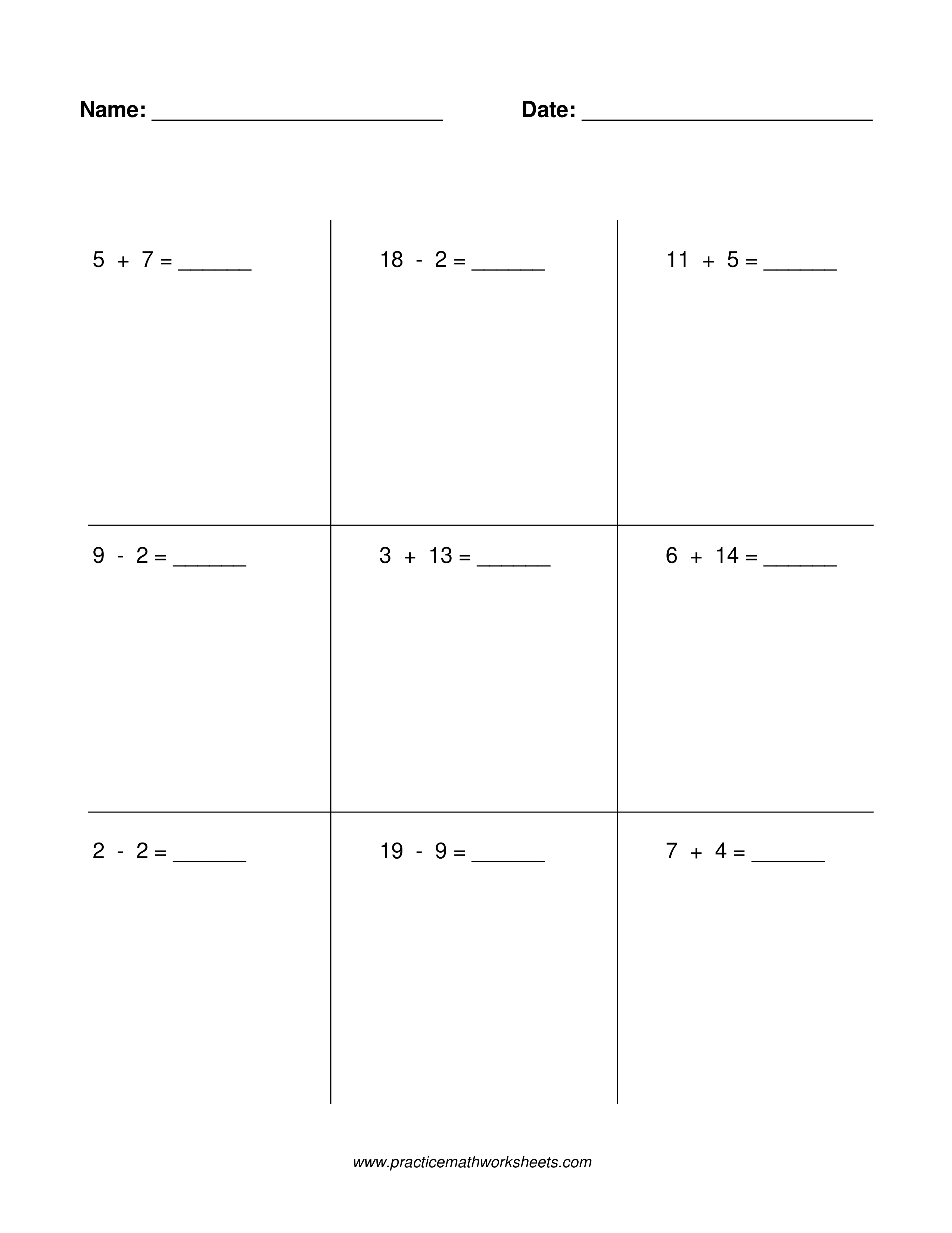 Worksheet with 9 whole number addition & subtraction problems within 20, with regrouping