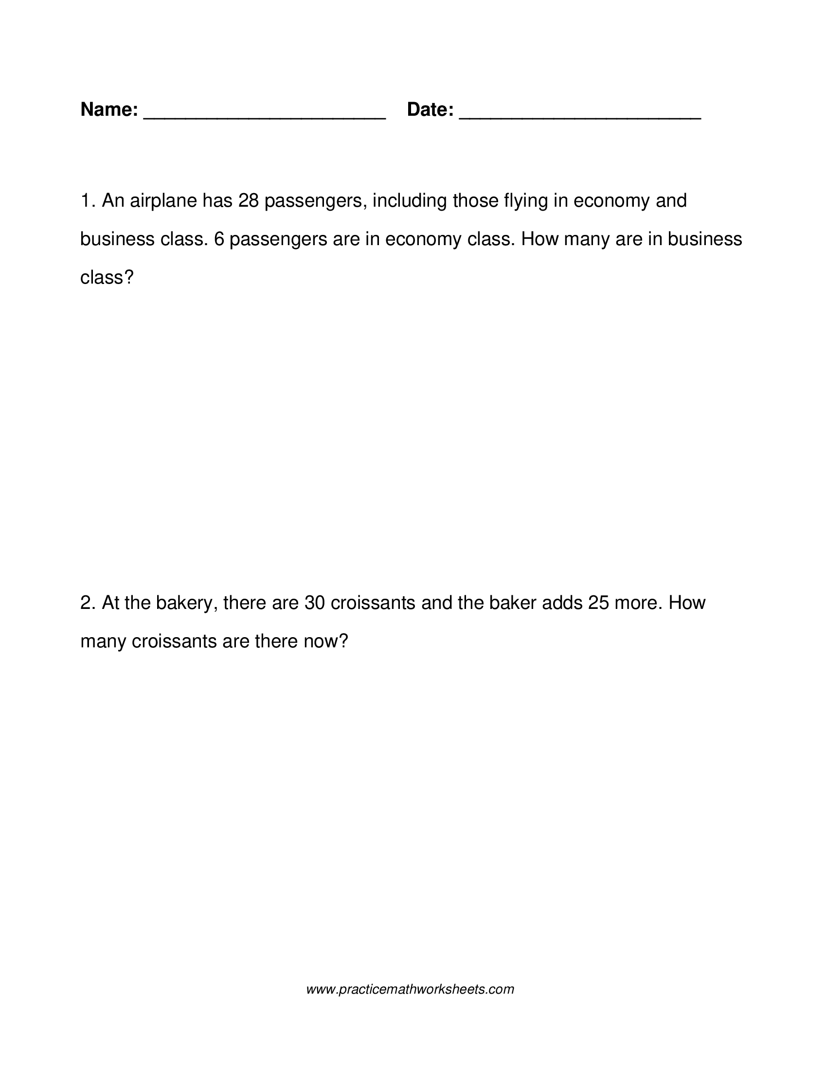 Custom word problem worksheet (4 pages) with 10 whole number addition & subtraction problems within 100