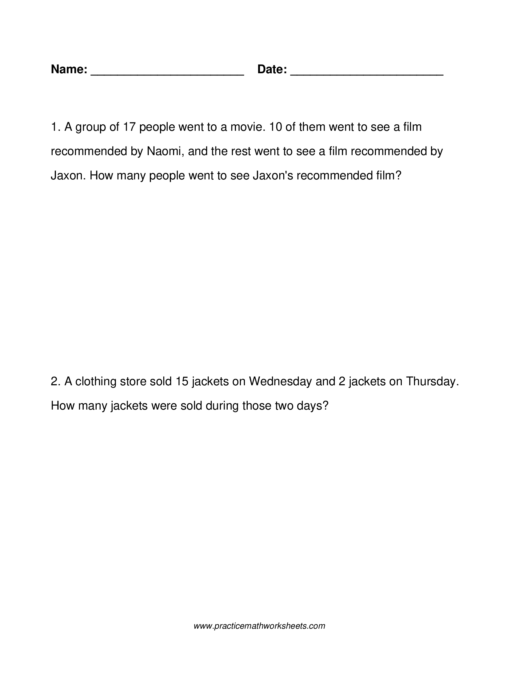 Custom word problem worksheet (4 pages) with 10 whole number addition & subtraction problems within 20