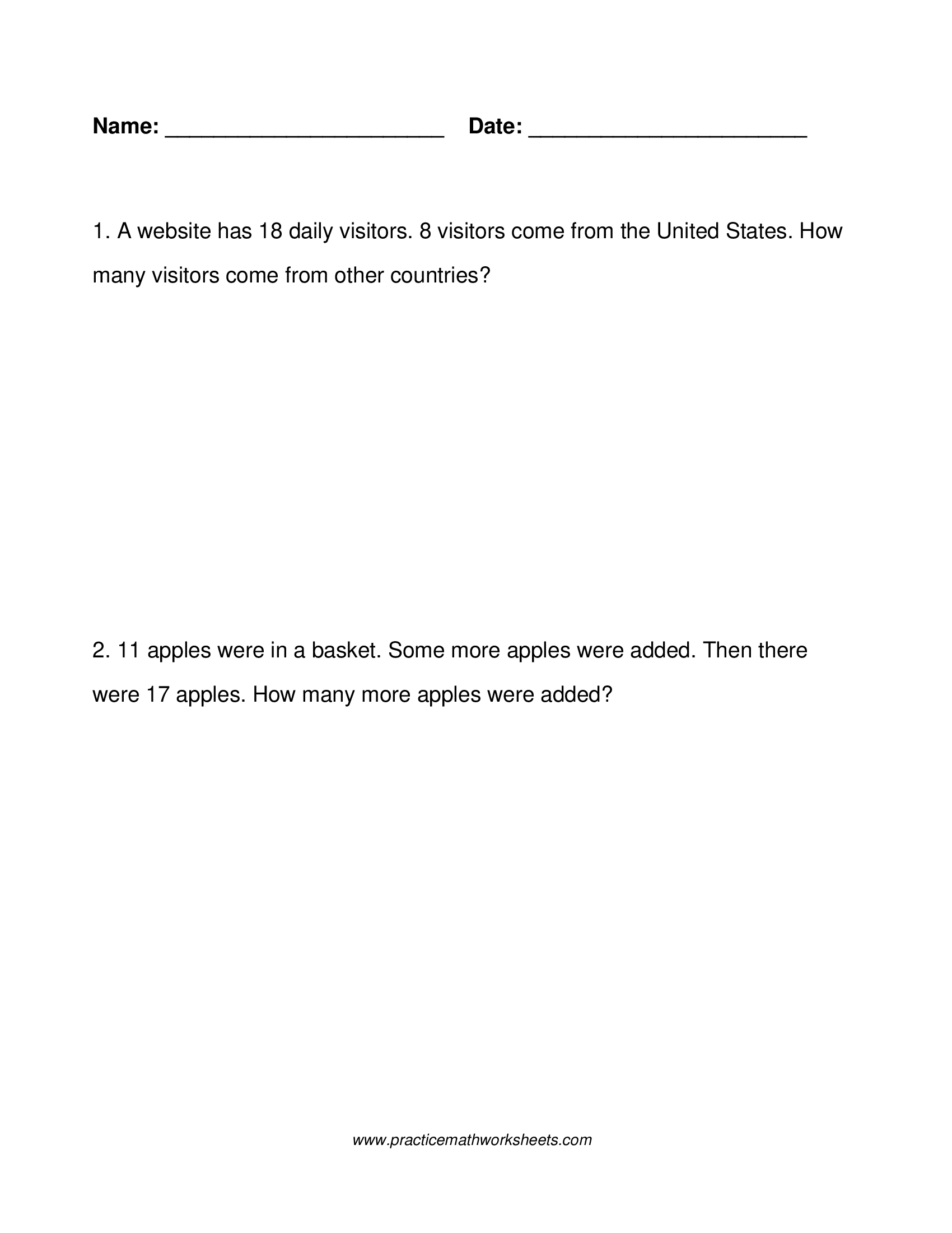 Custom word problem worksheet (4 pages) with 10 whole number subtraction (part unknown) problems within 20