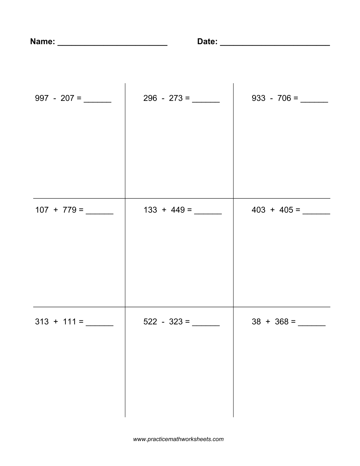 Worksheet with 9 whole number addition & subtraction problems within 1000, with regrouping and middle zero