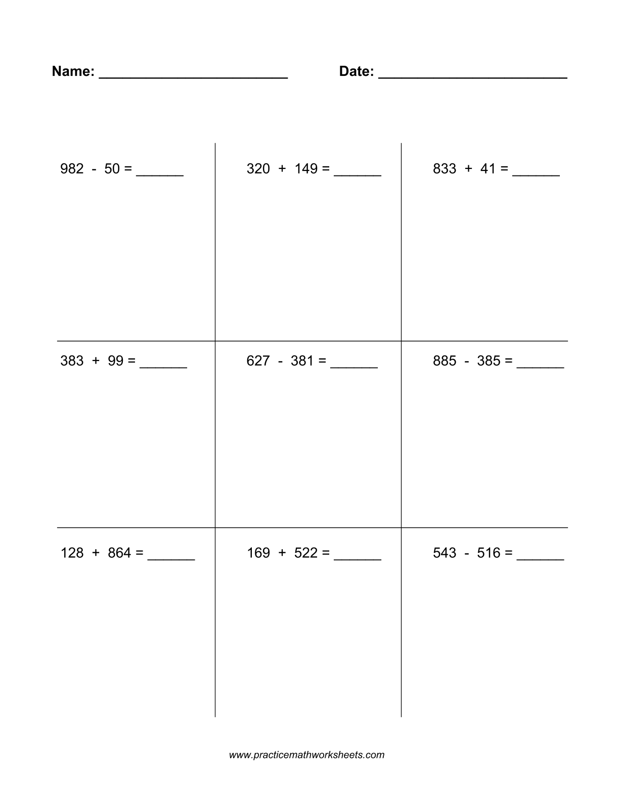 Worksheet with 9 whole number addition & subtraction problems within 1000, with regrouping