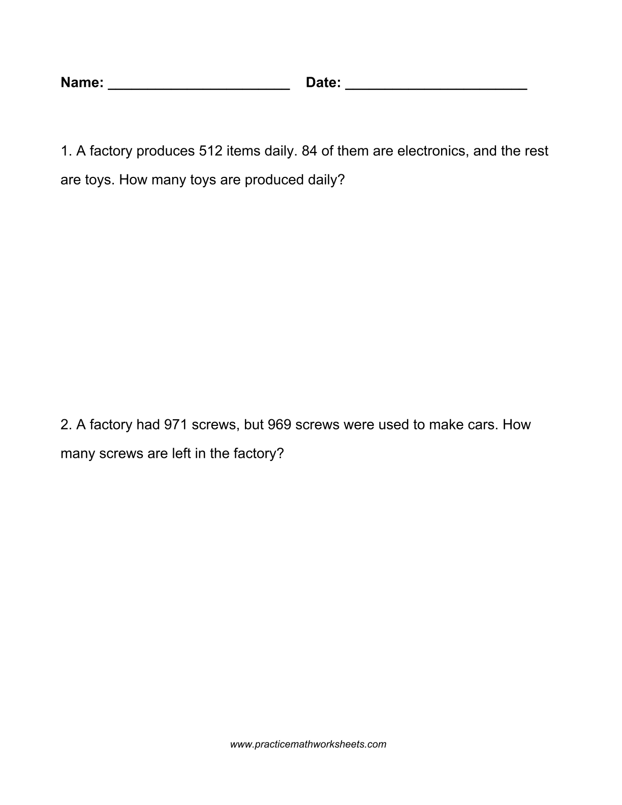 Custom word problem worksheet (4 pages) with 10 whole number addition & subtraction problems within 1000