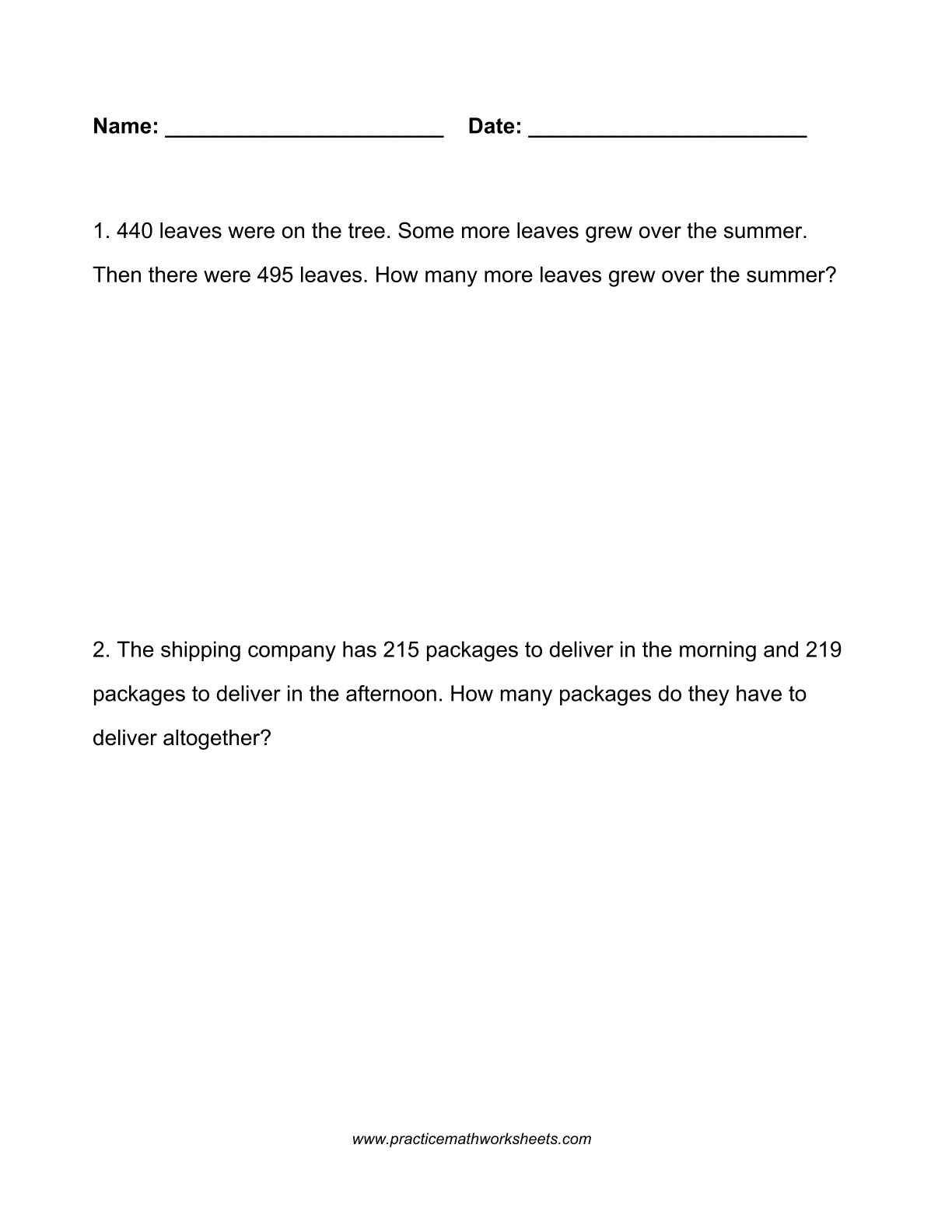 Custom word problem worksheet (4 pages) with 10 whole number addition & subtraction problems within 1000