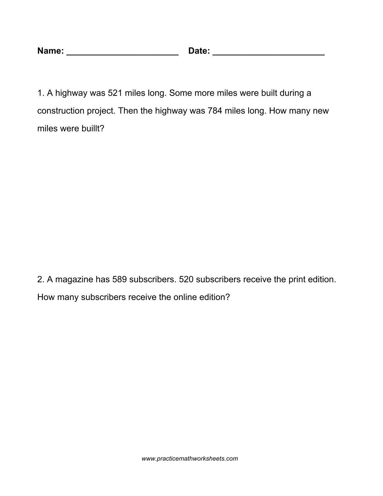 Custom word problem worksheet (4 pages) with 10 whole number subtraction (part unknown) problems within 1000