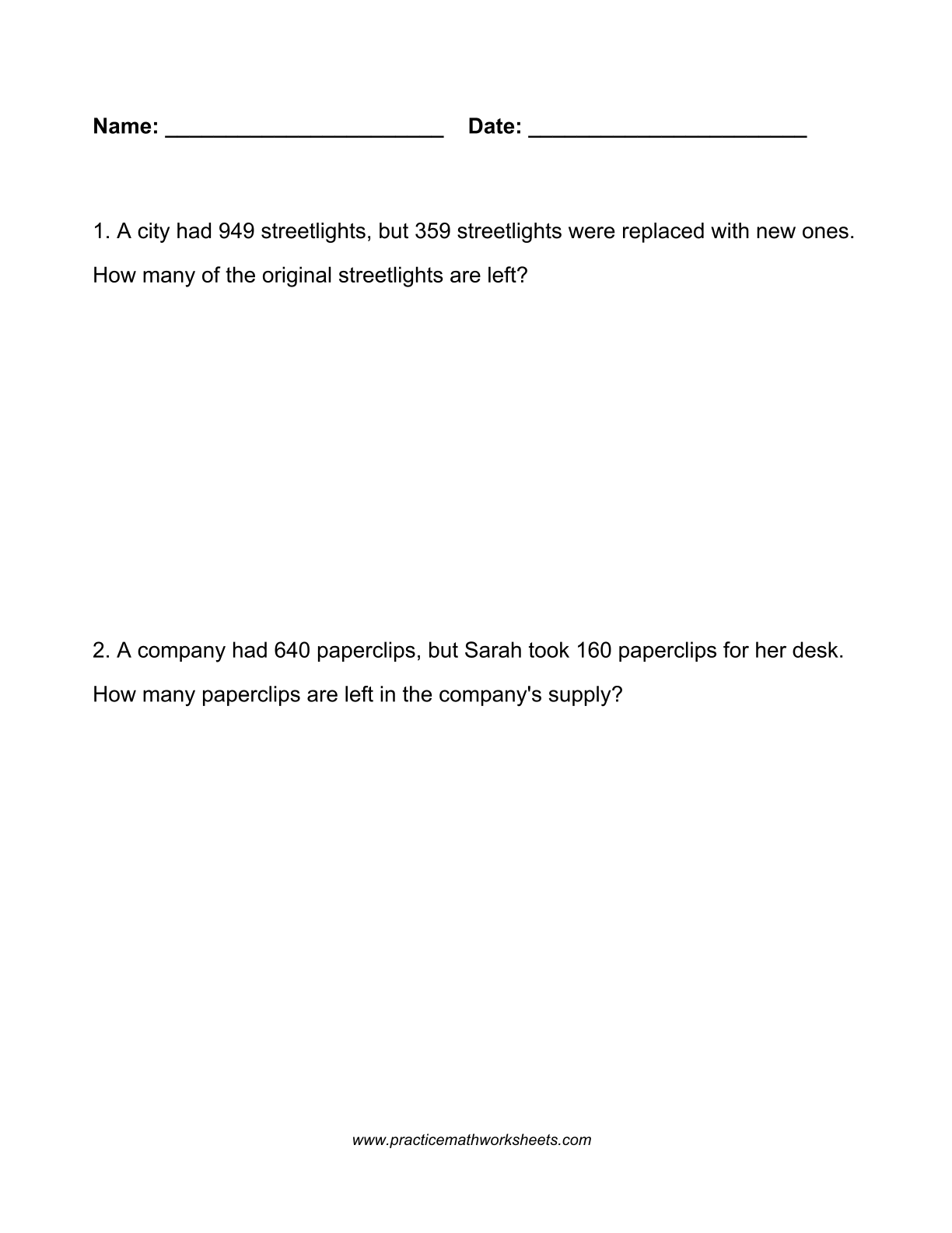Worksheet (4 pages) with 10 whole number subtraction (takeaway) problems within 1000