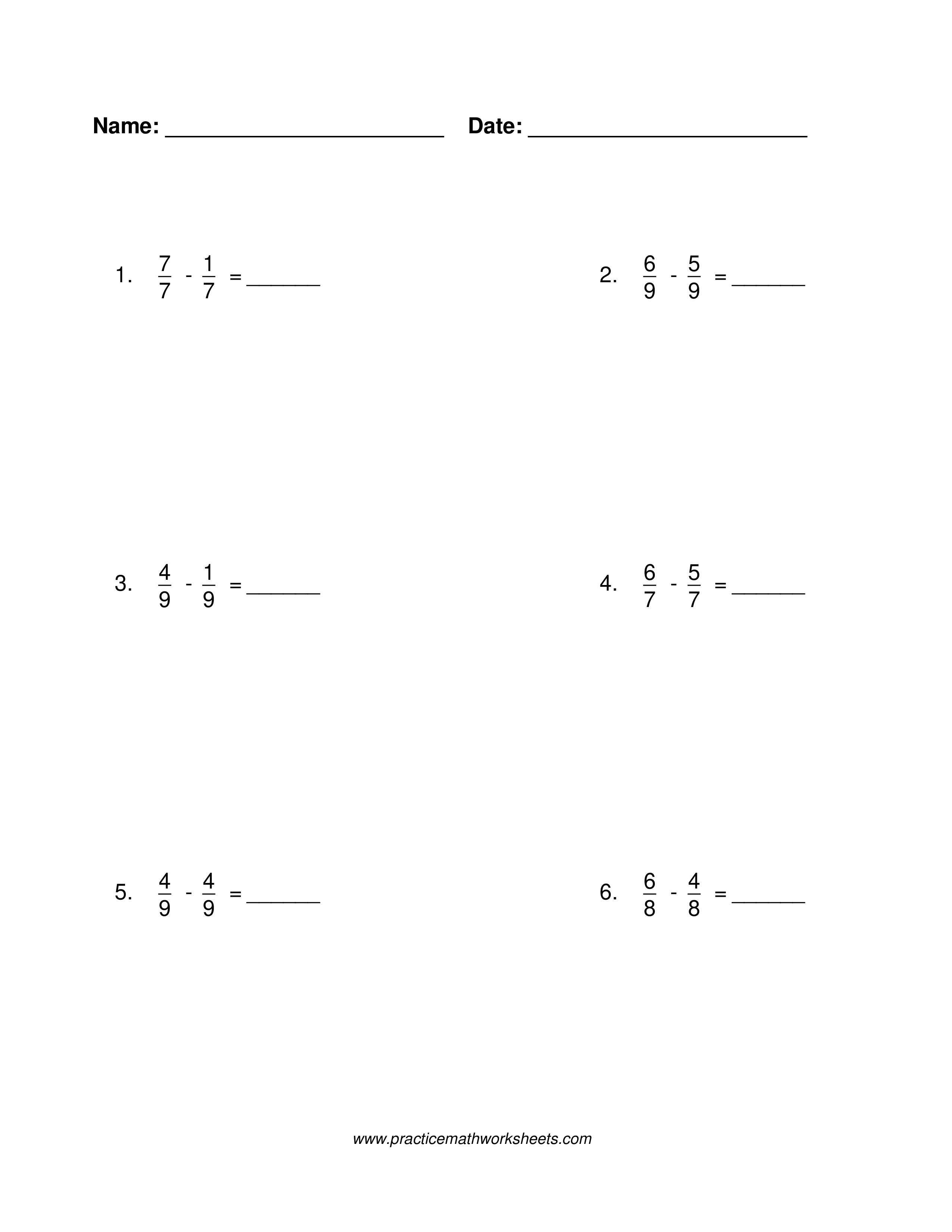 Fraction subtraction worksheet with common denominators and fractions less than 1