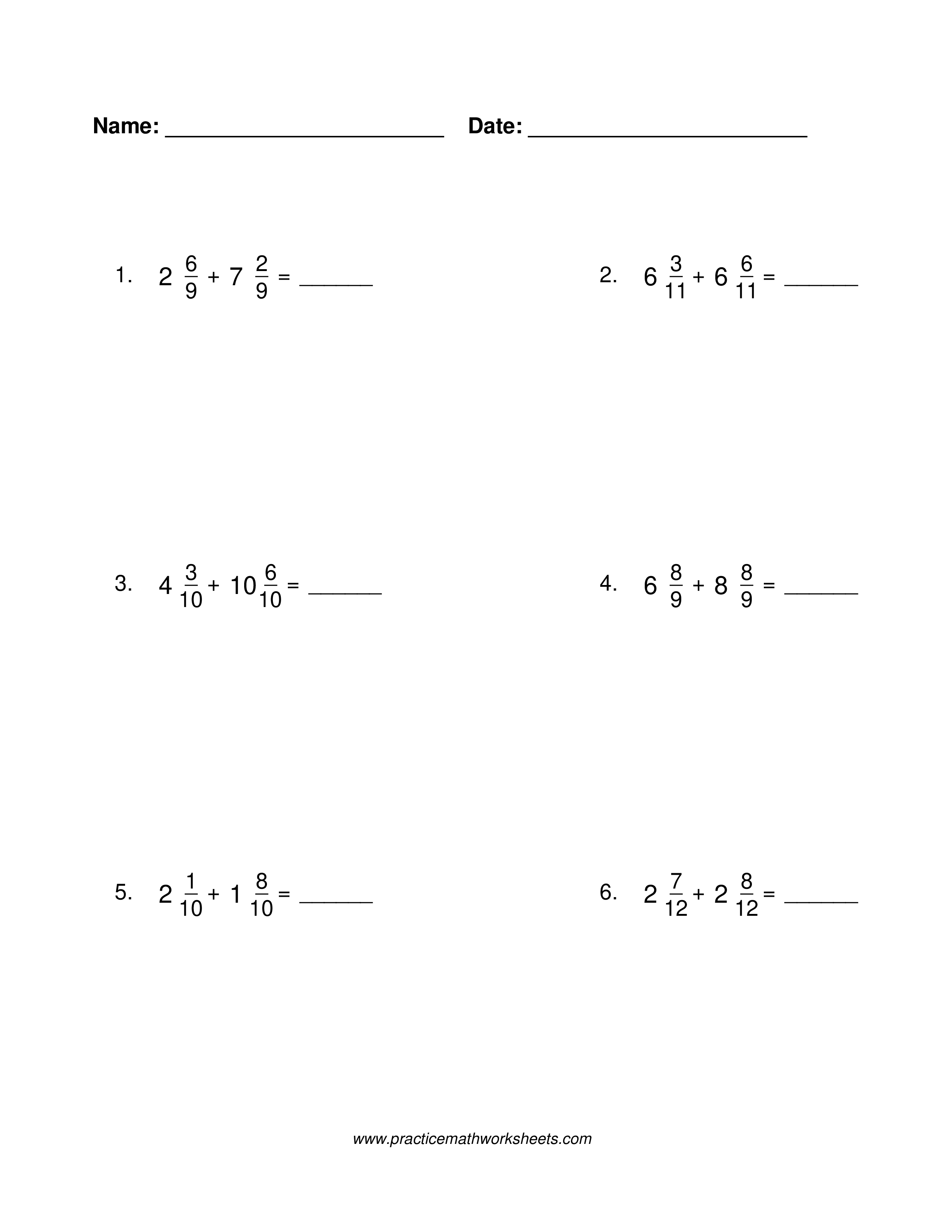 Mixed number addition worksheet with common denominators and regrouping