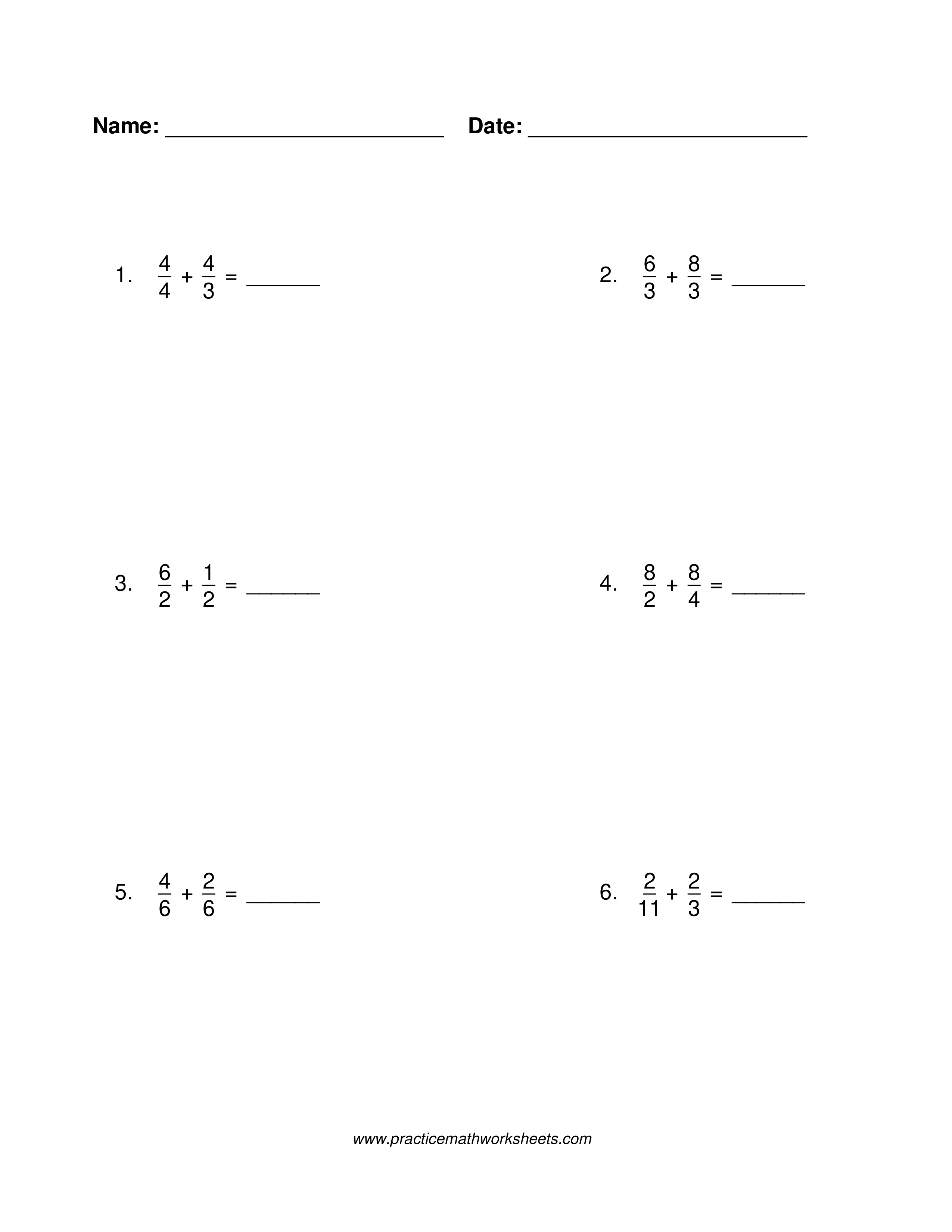 Fraction addition worksheet with common denominators