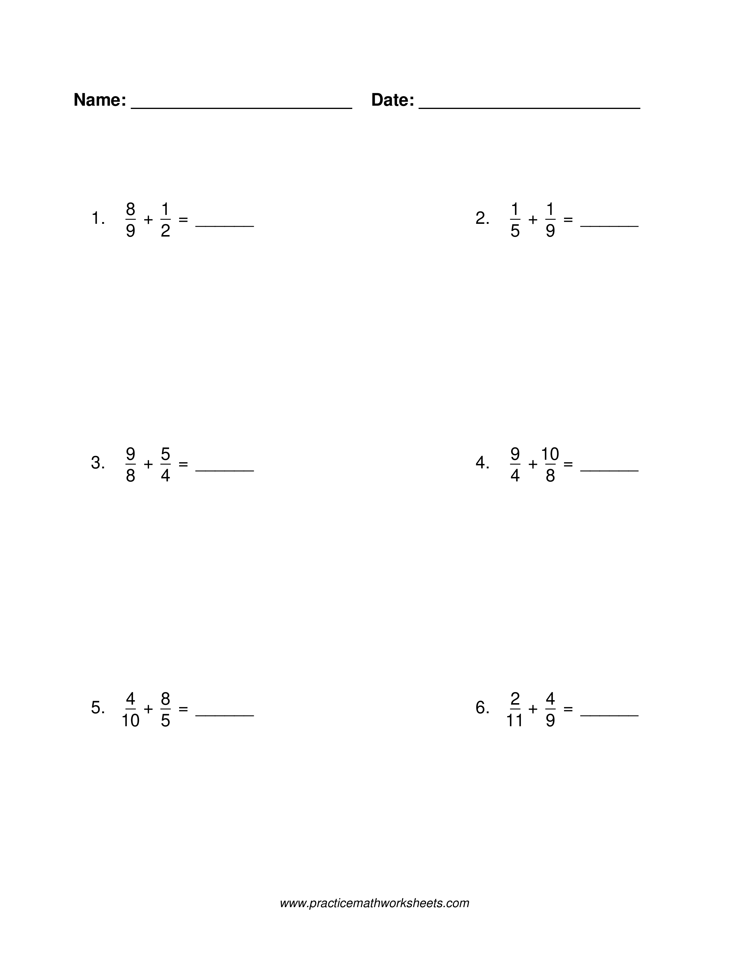 Fraction addition worksheet without common denominators