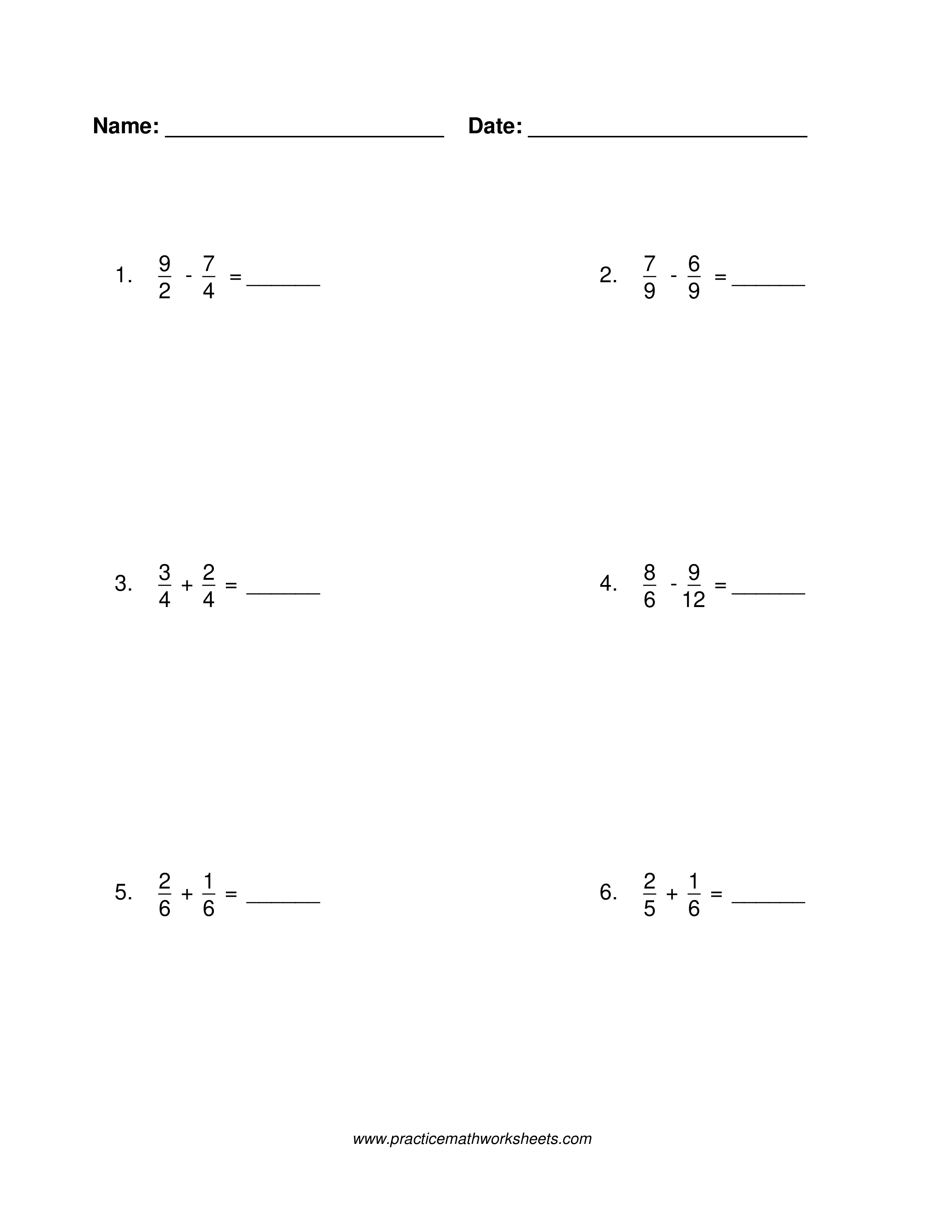 Fraction addition and subtraction worksheet with common denominators