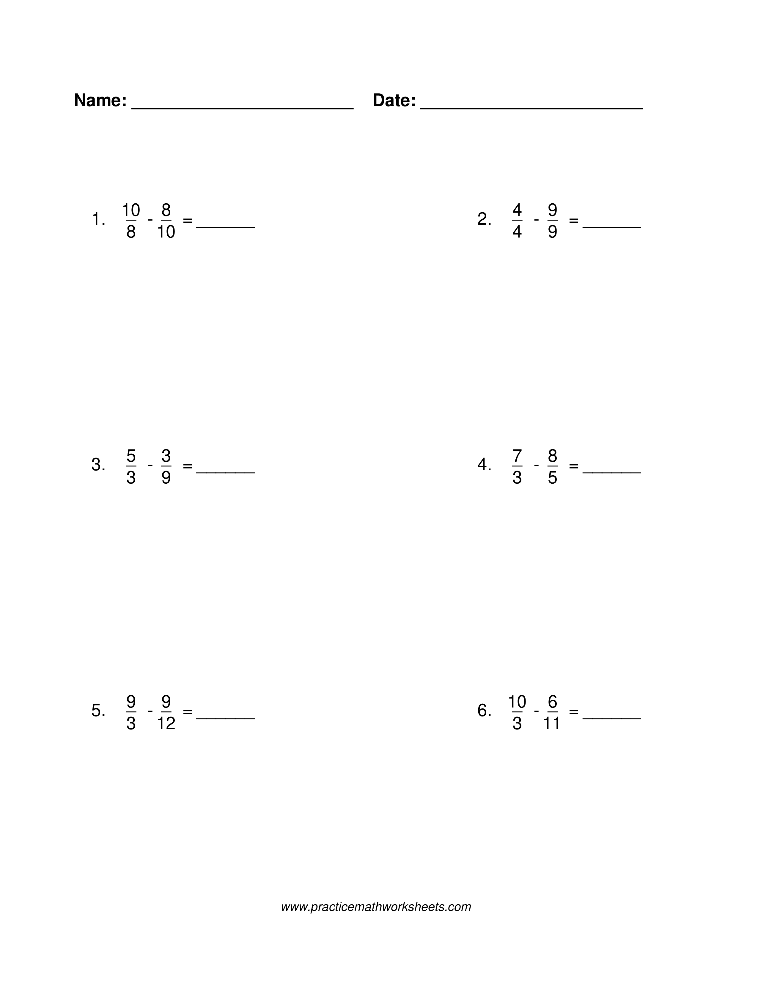 Fraction subtraction worksheet without common denominators