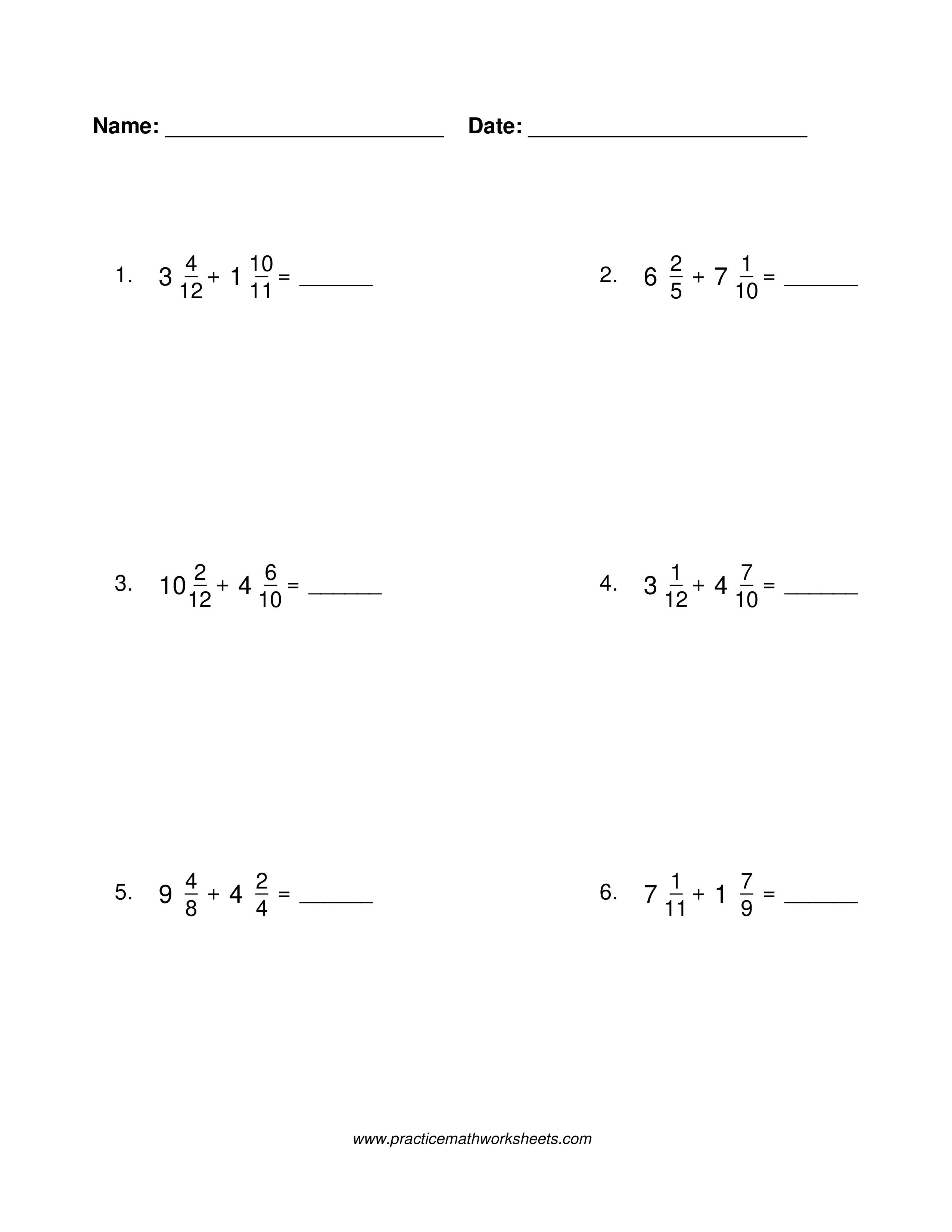 Mixed number addition worksheet with common denominators
