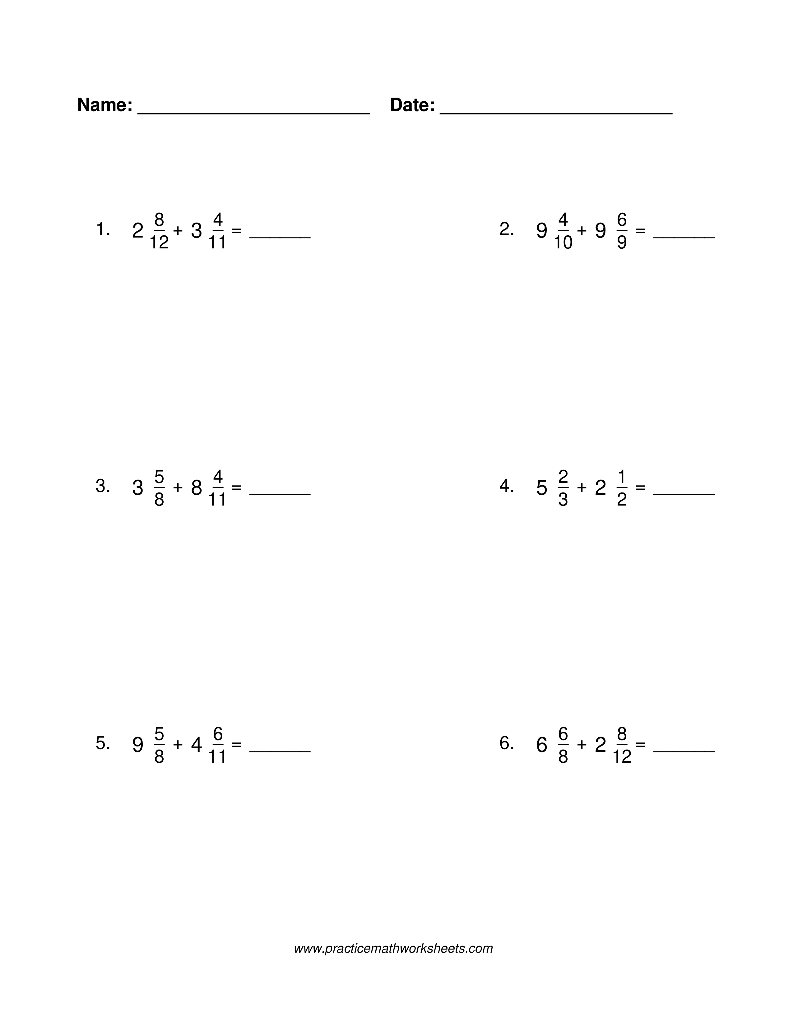 Mixed number addition worksheet without common denominators