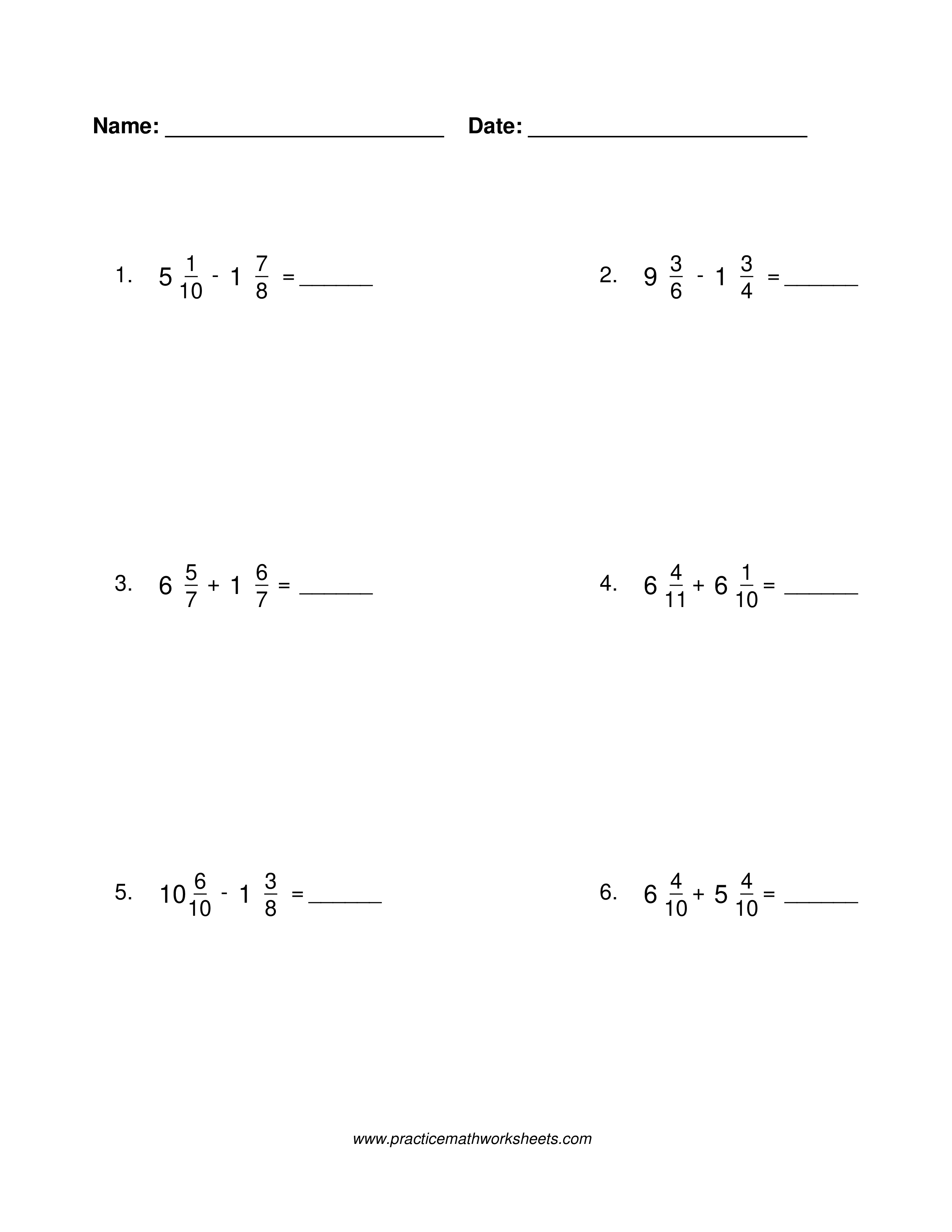 Mixed number addition and subtraction worksheet with common denominators