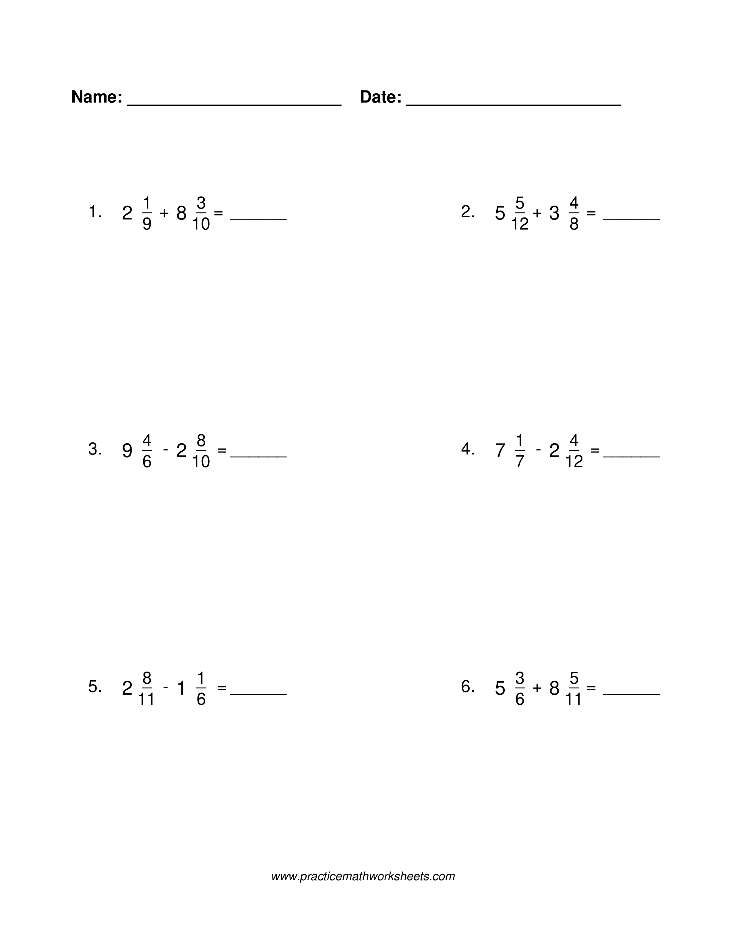 Mixed number addition and subtraction worksheet without common denominators