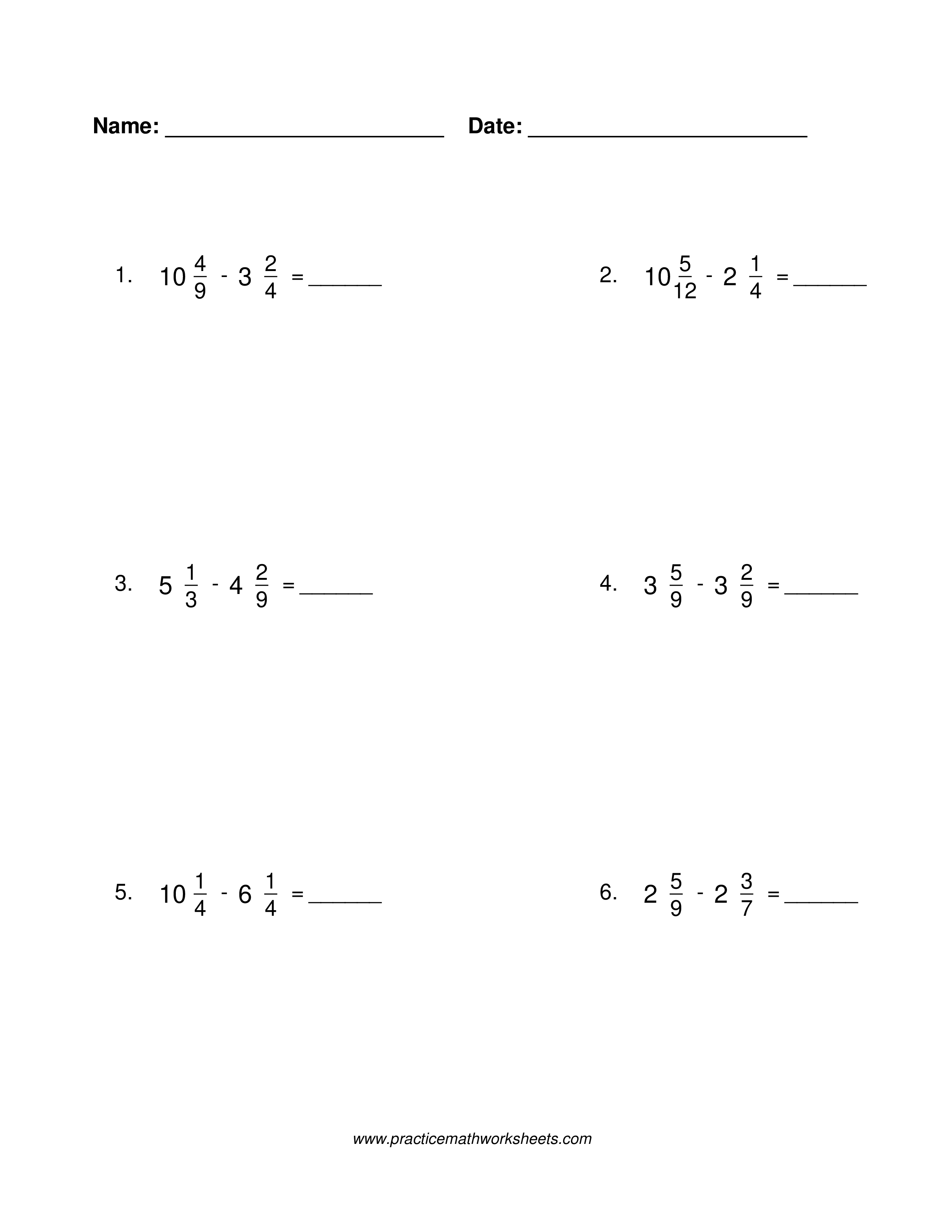 Mixed number subtraction worksheet with common denominators