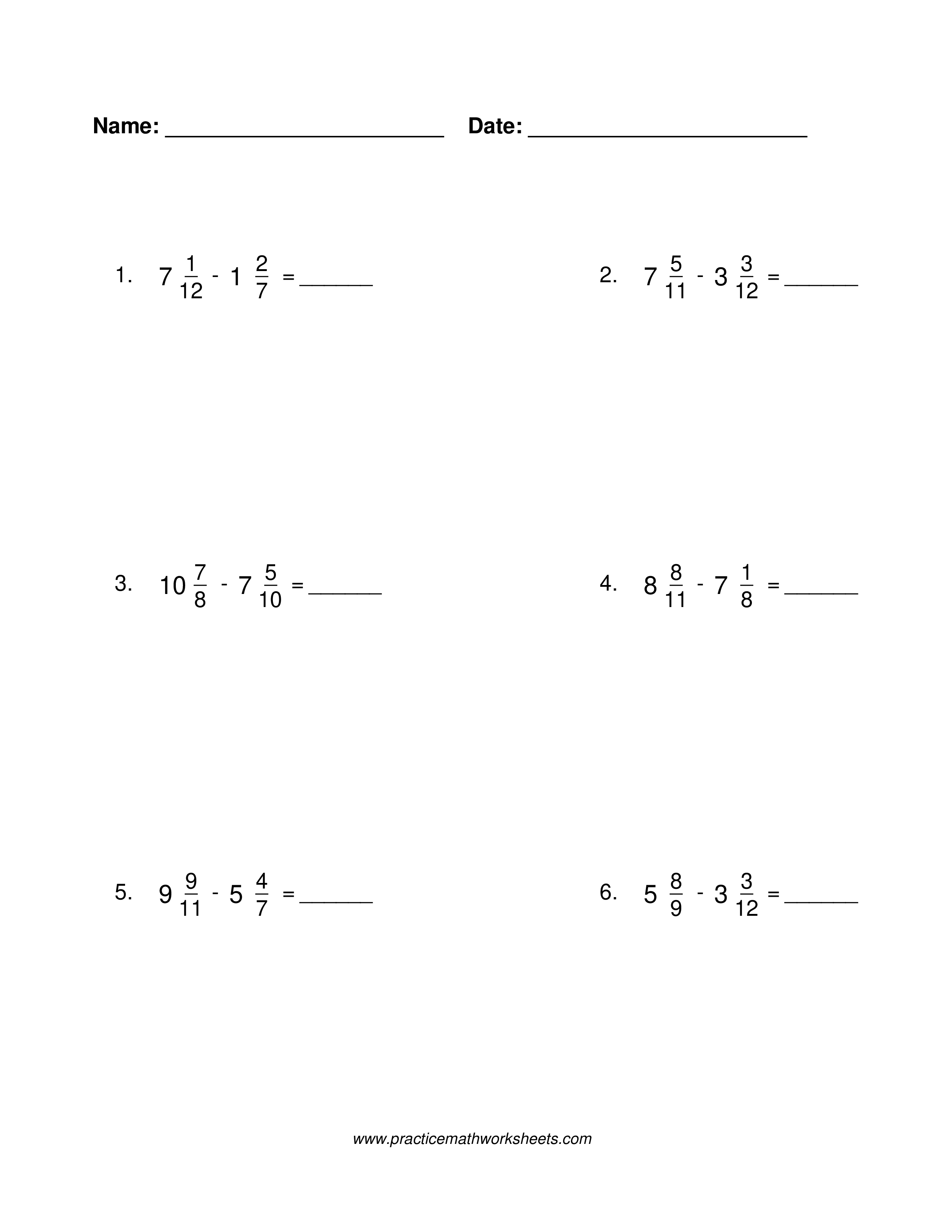 Mixed number subtraction worksheet without common denominators